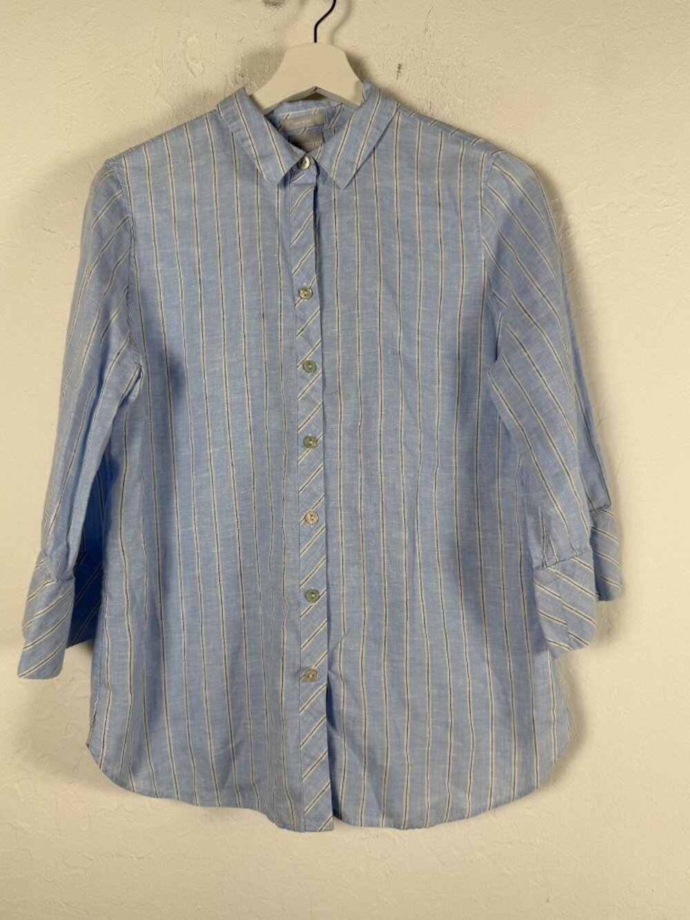 Chico’s No Iron Womens Blue Striped 100% Linen 3/4 Sleeve Button-Up Shirt Size 0